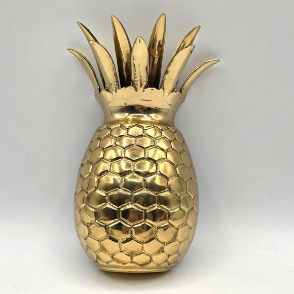 HAMPTON SOLID BRASS PINEAPPLE HANGING WALL POCKET VASE MCM HOLLYWOOD REGENCY VTG - Picture 1 of 9